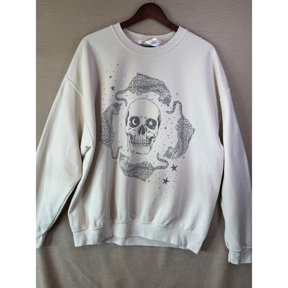 Project Social T Tops - Project Social T Sweatshirt Women L/XL Cream Skull Leopard Celestial Graphic